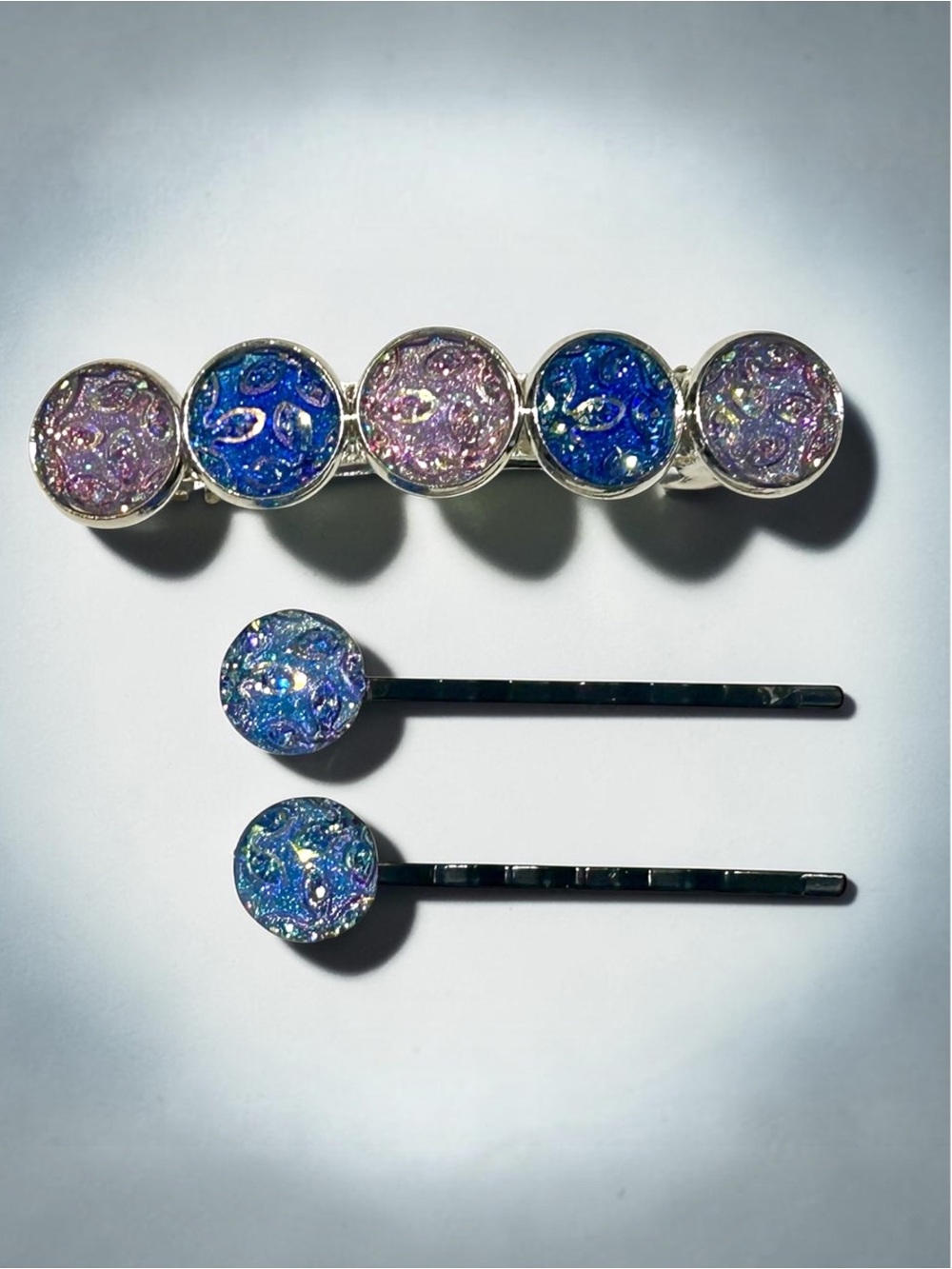 Iridescent Blue & Lavender Druzy Hairpins Set, 3 piece handmade set